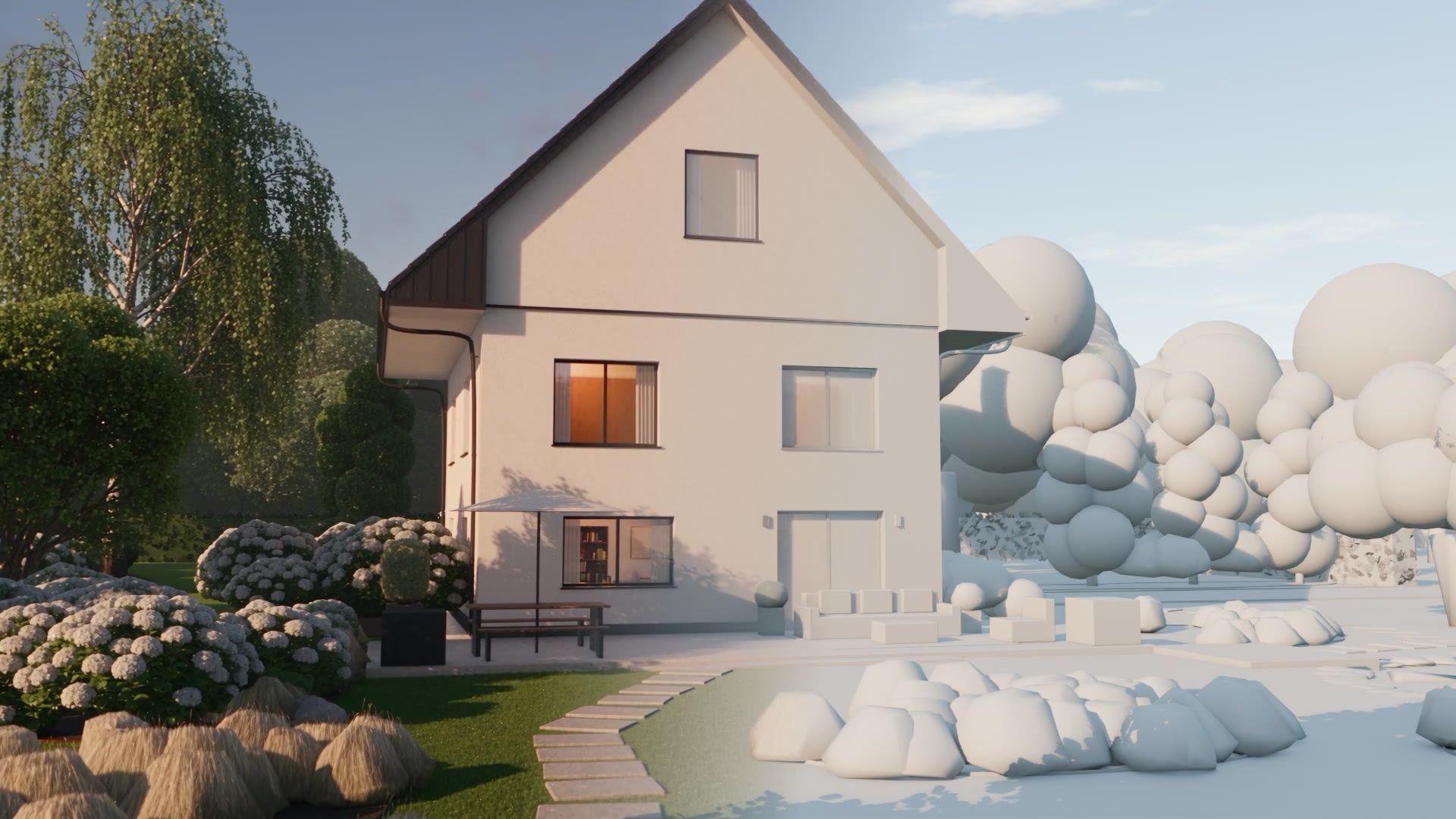 Halb Modell, halb fotoreales Haus: der Übergang